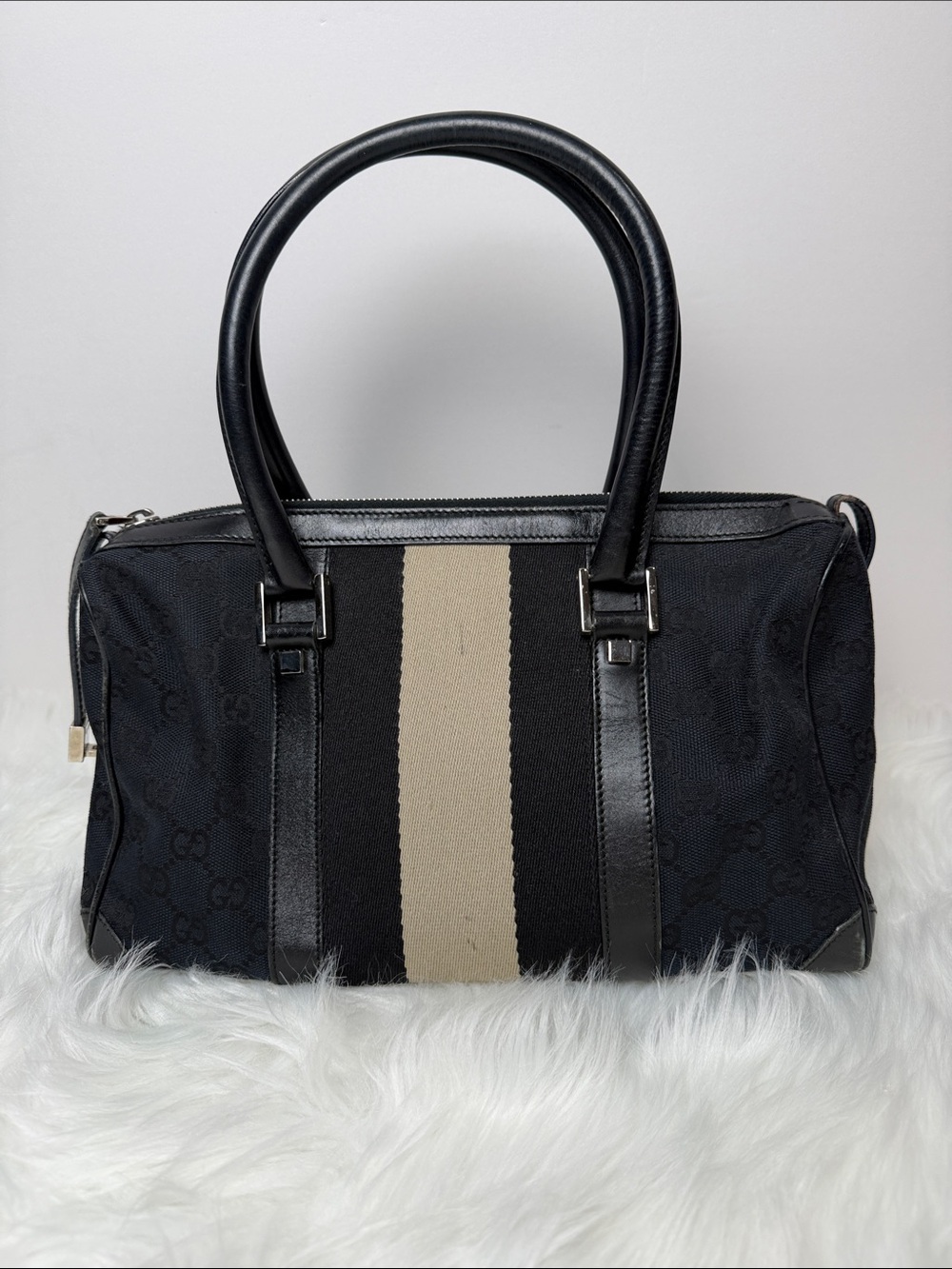 Gucci GG Monogram Web Stripe Black Canvas Boston Satchel Handbag